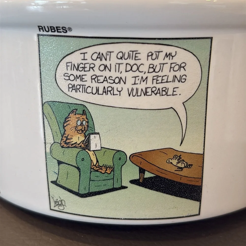 Rubes Leigh Rubin Cat Bowl with Mischievous Cat Cartoon Scenes 2002, 2.75” Deep